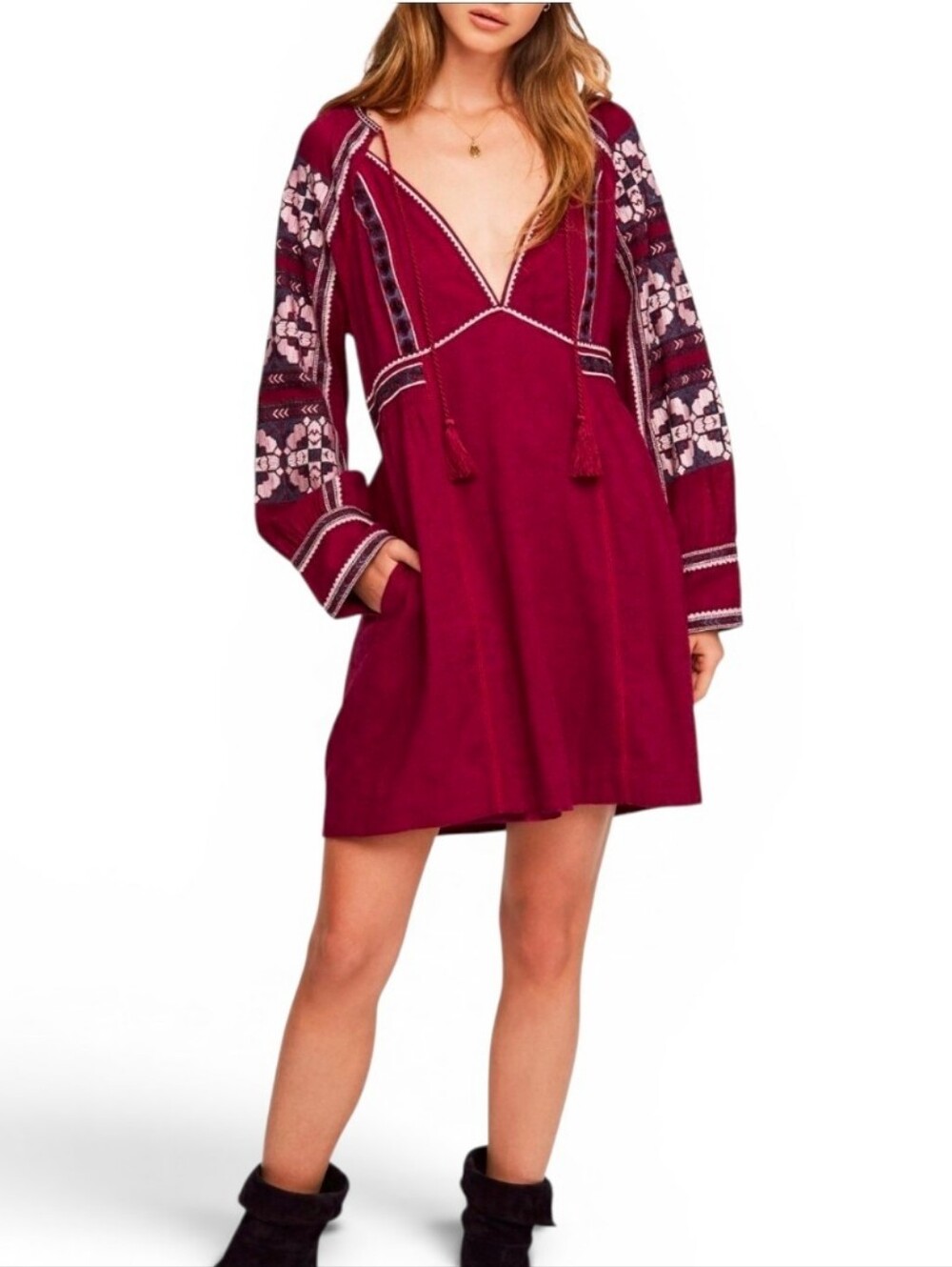 FREE PEOPLE Maroon All My Life Flowy Boho Embroidered Tunic Dress - Large